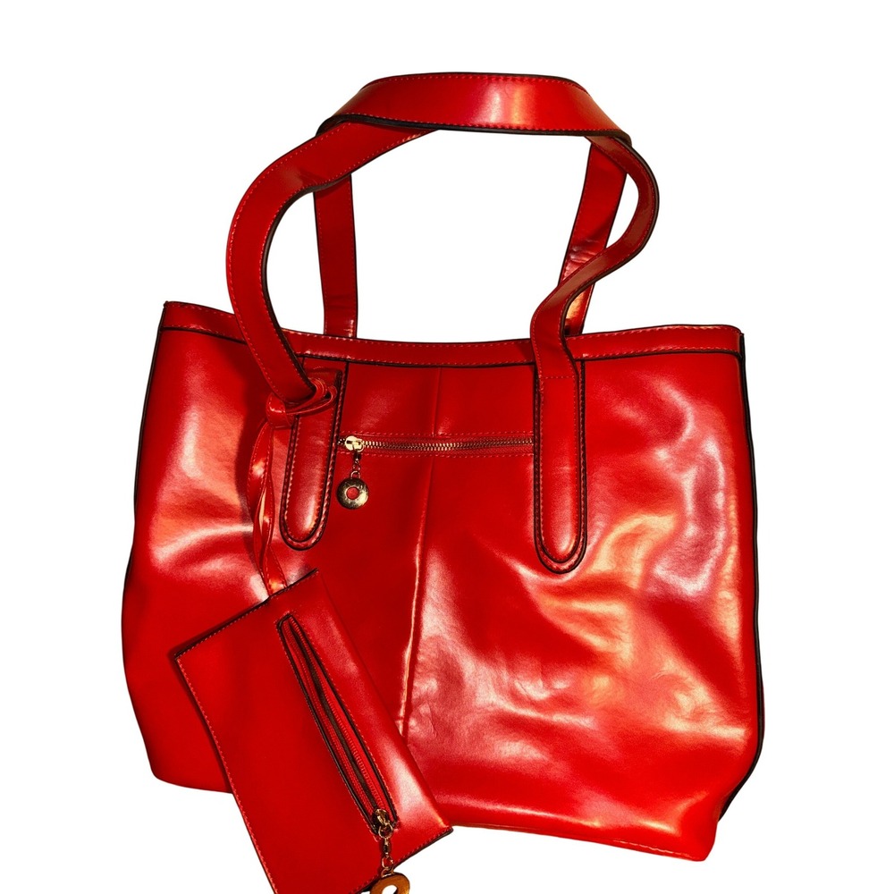 J Francis Red Faux Leather Tote Bag Purse with Matching Wallet‎
